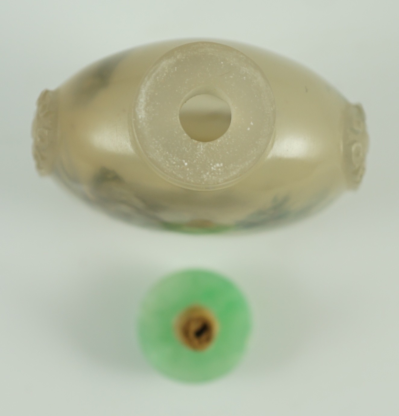 A Chinese inside painted agate ‘landscape’ snuff bottle, signed Liu Shouben, c.1965-70, 5.8cm high, jadeite stopper